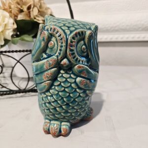 Pier 1 Hear No Evil Aqua Green Ceramic Pottery Owl Figurine 6"